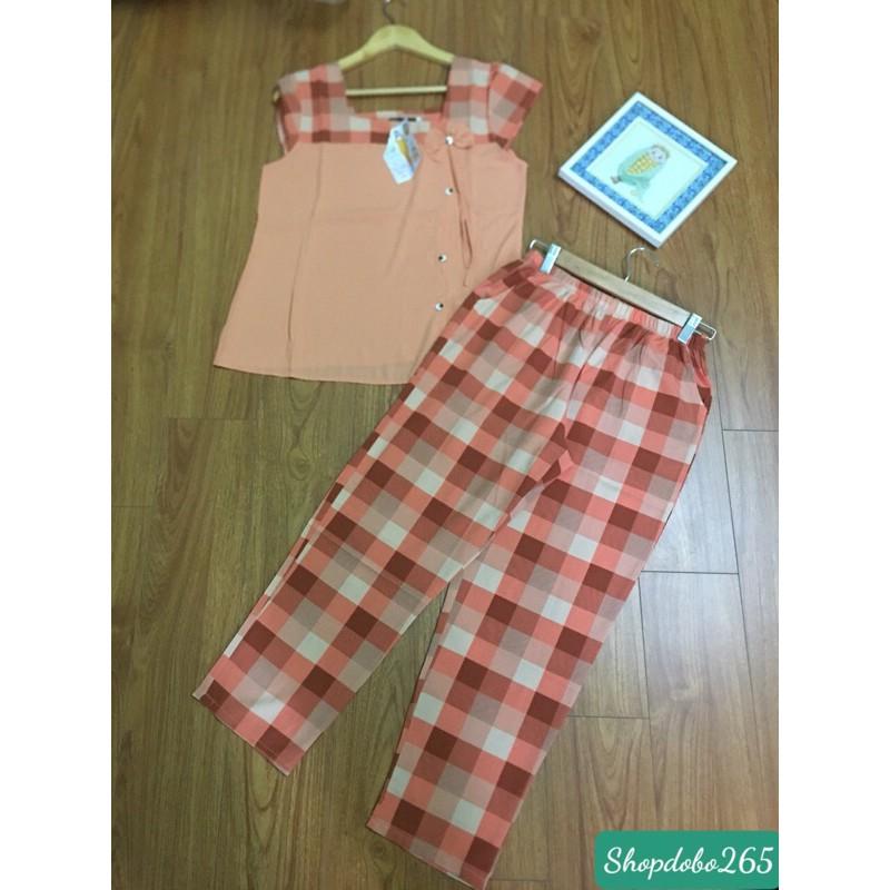 Đồ bộ nữ,đồ ngủ mặc nhà lửng 9 tấc vải tằm ý phối lụa caro siêu cưng size 45-65kg.