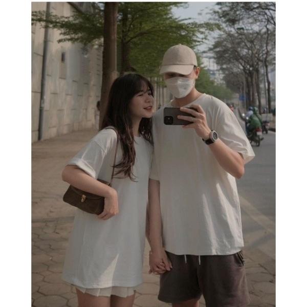 Áo thun trơn nam nữ mặc couple, áo phông basic cổ tròn form rộng tay lỡ, phong cách unisex oversize, QUYNHANHPUKA