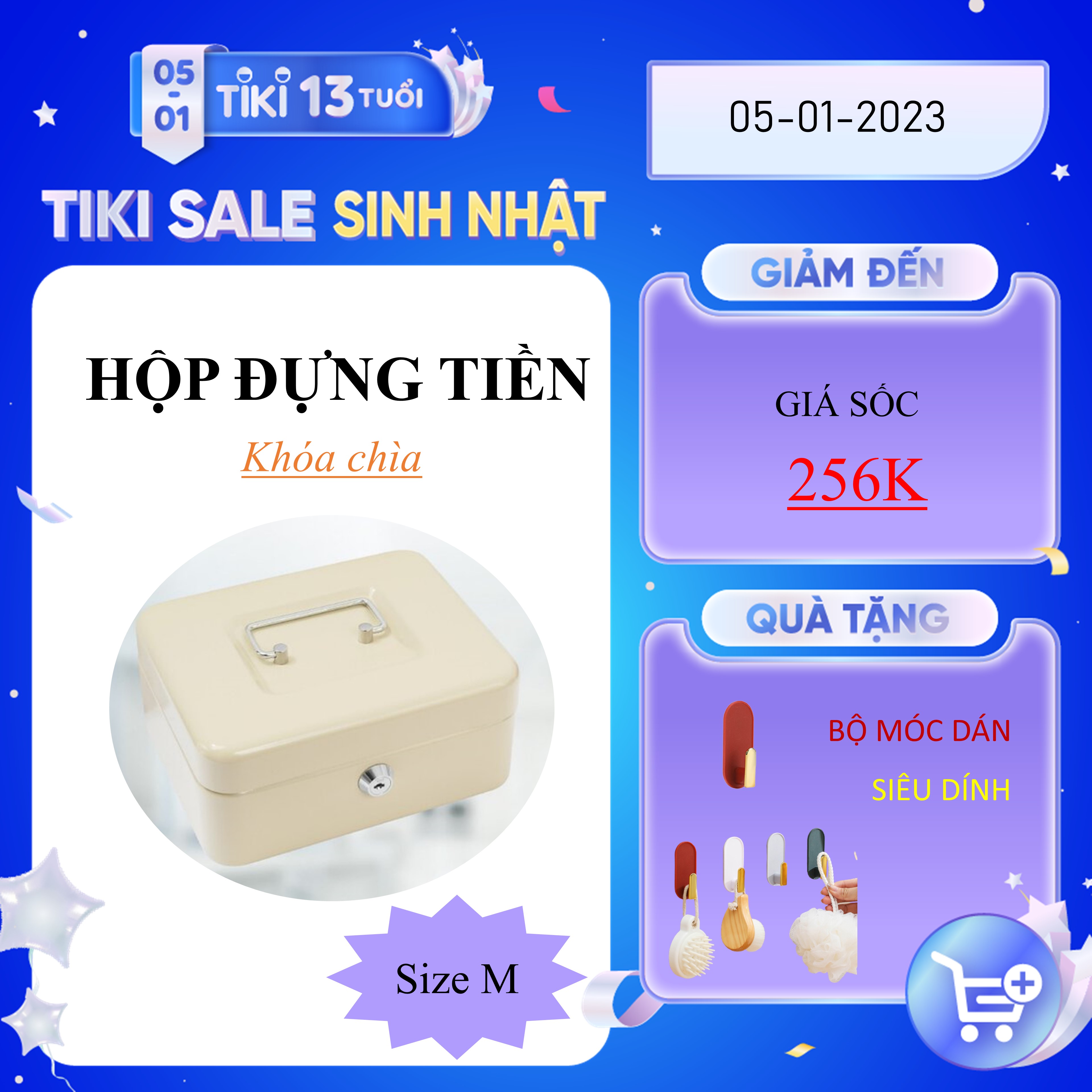 Hộp két sắt chữ nhật đựng tiền mặt và đồ vật nhỏ có giá trị với khóa chìa an toàn - Màu be - Size M