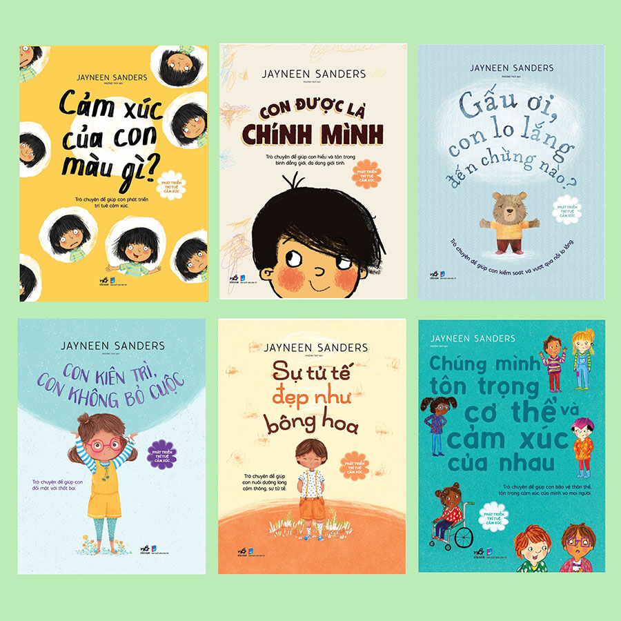Combo 6 Cuốn (Phát Triển Trí Tuệ Cảm Xúc): Cảm Xúc Của Con Màu Gì? + Chúng Mình Tôn Trọng Cơ Thể Và Cảm Xúc Của Nhau + Con Được Là Chính Mình + Sự Tử Tế Đẹp Như Bông Hoa + Con Kiên Trì, Con Không Bỏ Cuộc + Gấu ơi, Con Lo Lắng Đến Chừng Nào