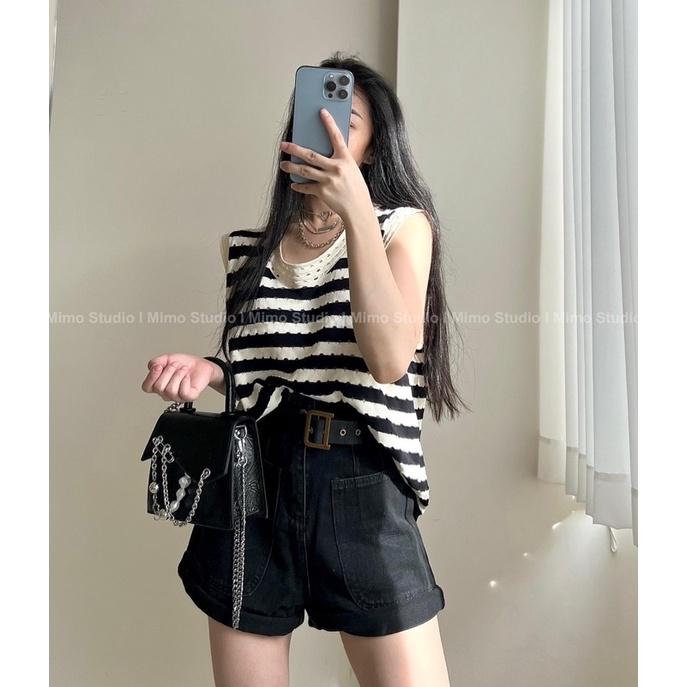 Len sọc trắng đen - Short đen ống rộng kèm belt