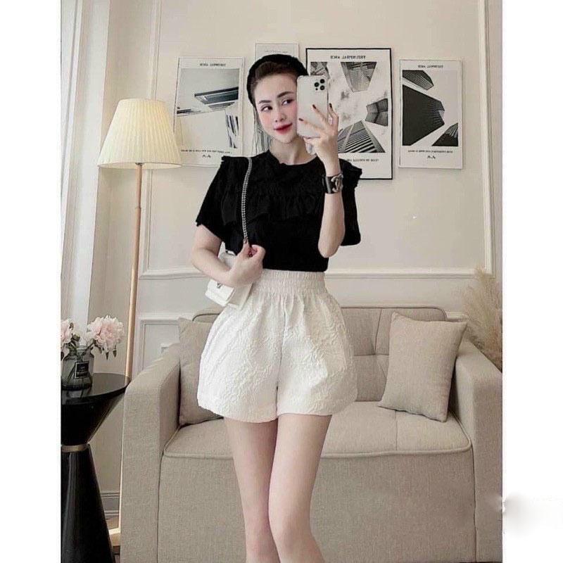 Quần đùi nữ mặc nhà cạp chun lưng cao vải xốp phồng in hoa nổi ống rộng cực đẹp