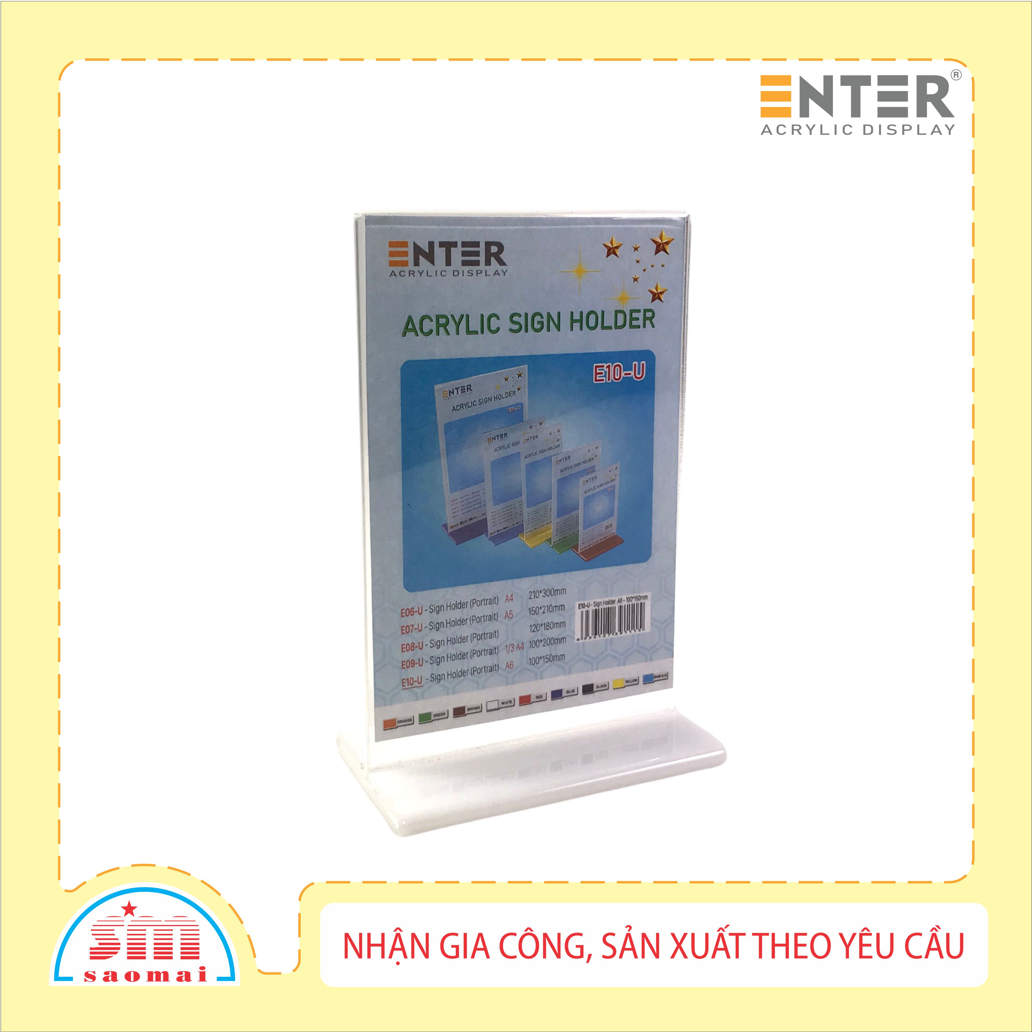 Kệ menu nhà hàng, Standee mica để bàn, Bảng quét mã QR Code, Kệ mica 2 mặt Enter E10-U 100x150mm đế lùa uốn bằng