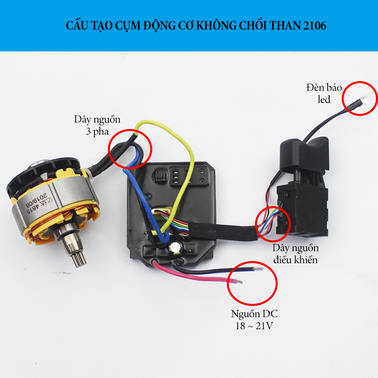 Mô tơ không chổi than 2106/169 điện áp 21V sử dụng cho máy bắn bulong dùng pin, công suất 300W chức năng đảo chiều