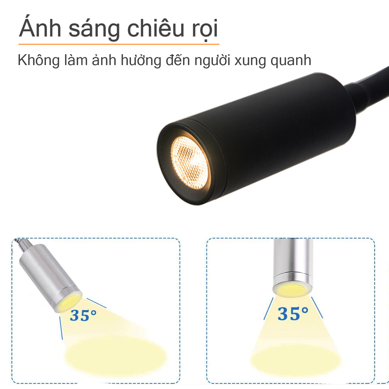 Đèn đọc sách đầu giường, Loại gắn tường, Ánh sáng chiếu rọi điểm 3W, Nguồn 220V