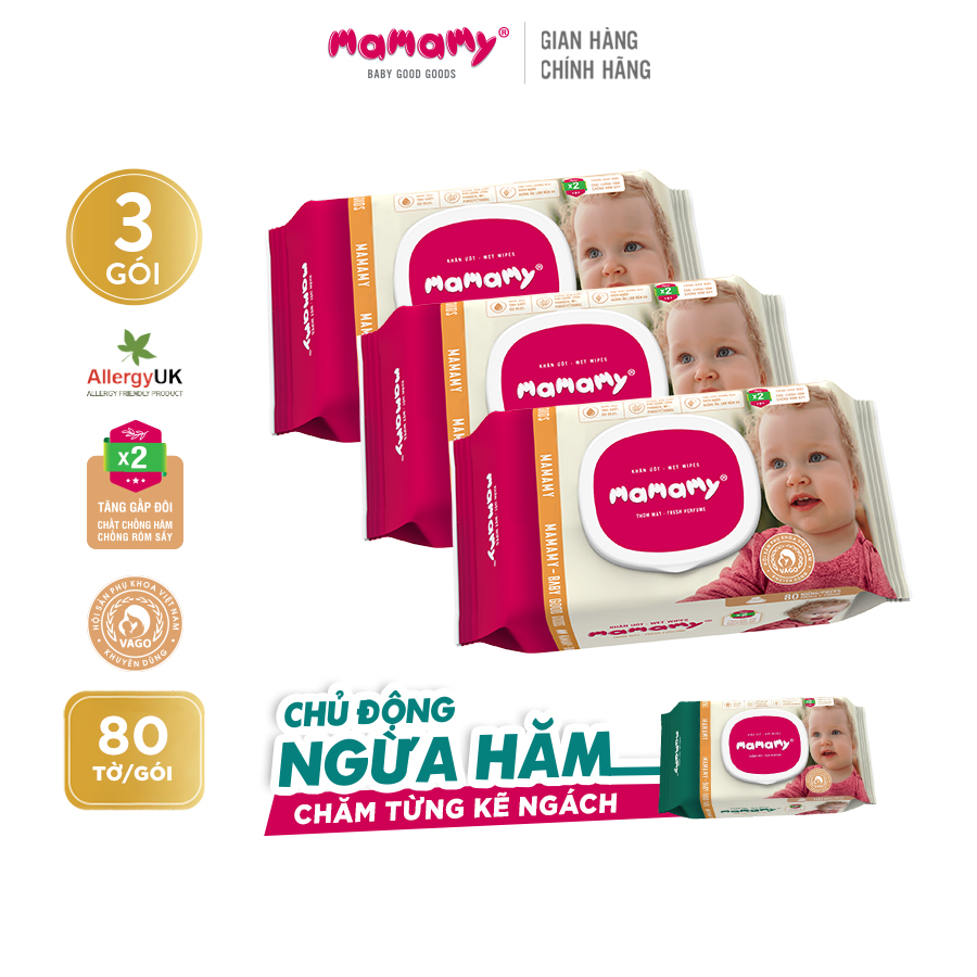 Combo 3 Gói Khăn Giấy Ướt 80 Tờ Hương Thơm Mát Kháng Khuẩn An Toàn Cho Bé Mamamy ( 80 Tờ Nắp x 3)