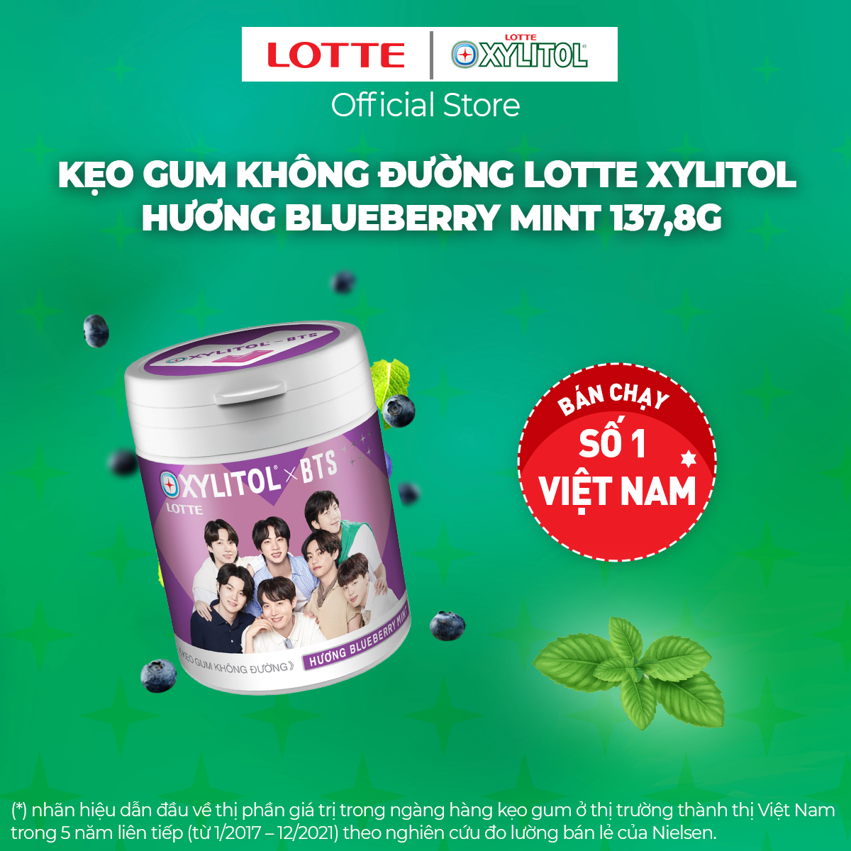 Combo 6 hũ Kẹo Gum không đường Lotte Xylitol - Hương Blueberry Mint 130,5 g