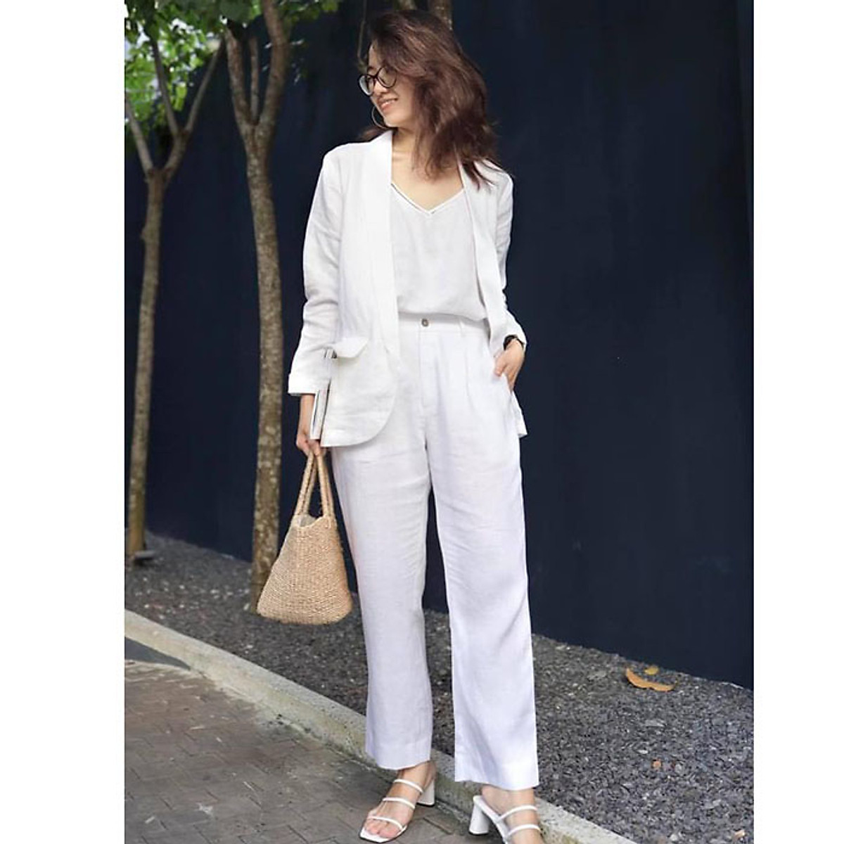 Set bộ vest blazer linen ve tròn túi bổ + Quần ống rộng trẻ trung