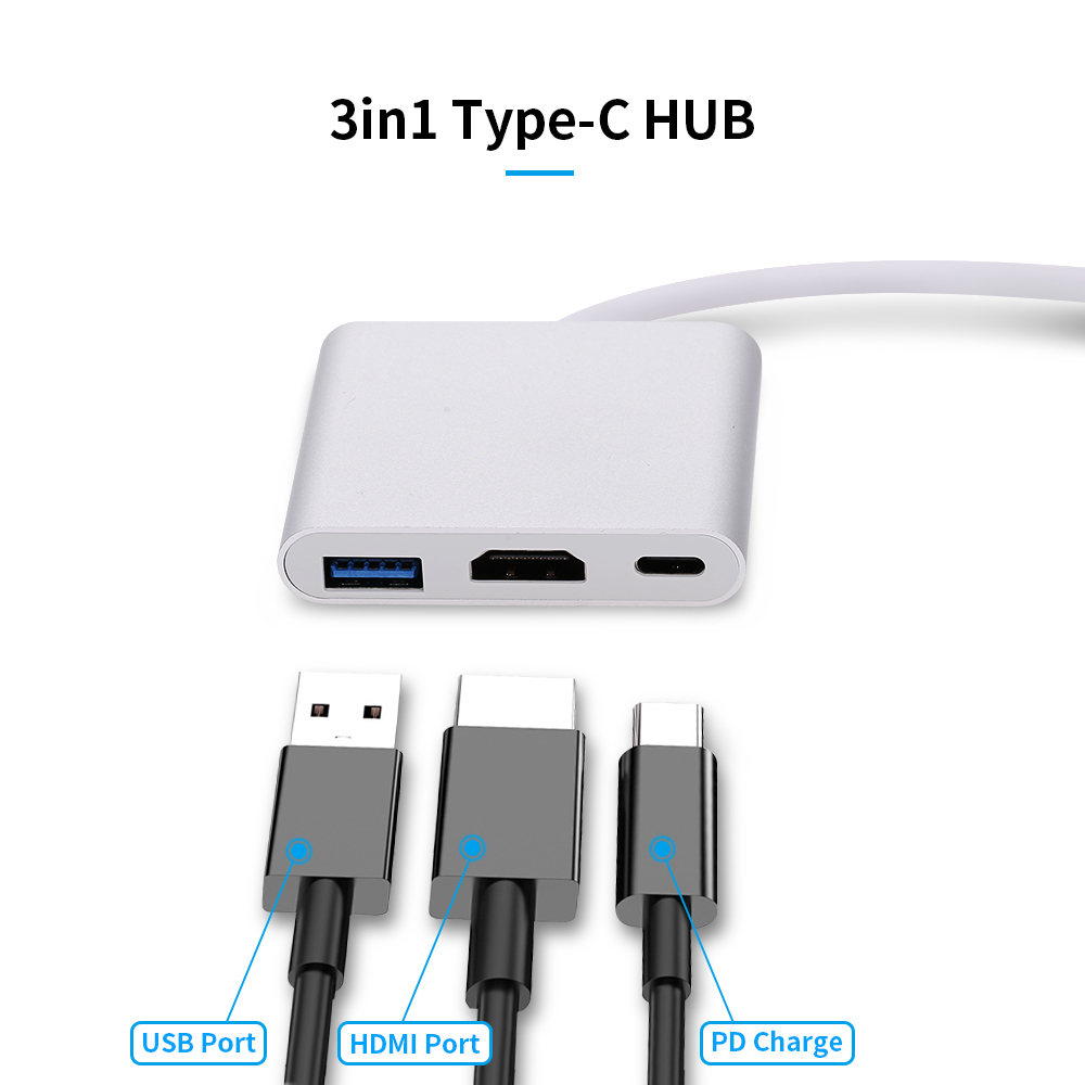 Bộ Chuyển Đổi 3 Trong 1 Loại C Sang USB 3.0 + HDMI + Bộ Chuyển Đổi Bộ Chia Pd Hub Đa Chức Năng Loại C, Màu Bạc