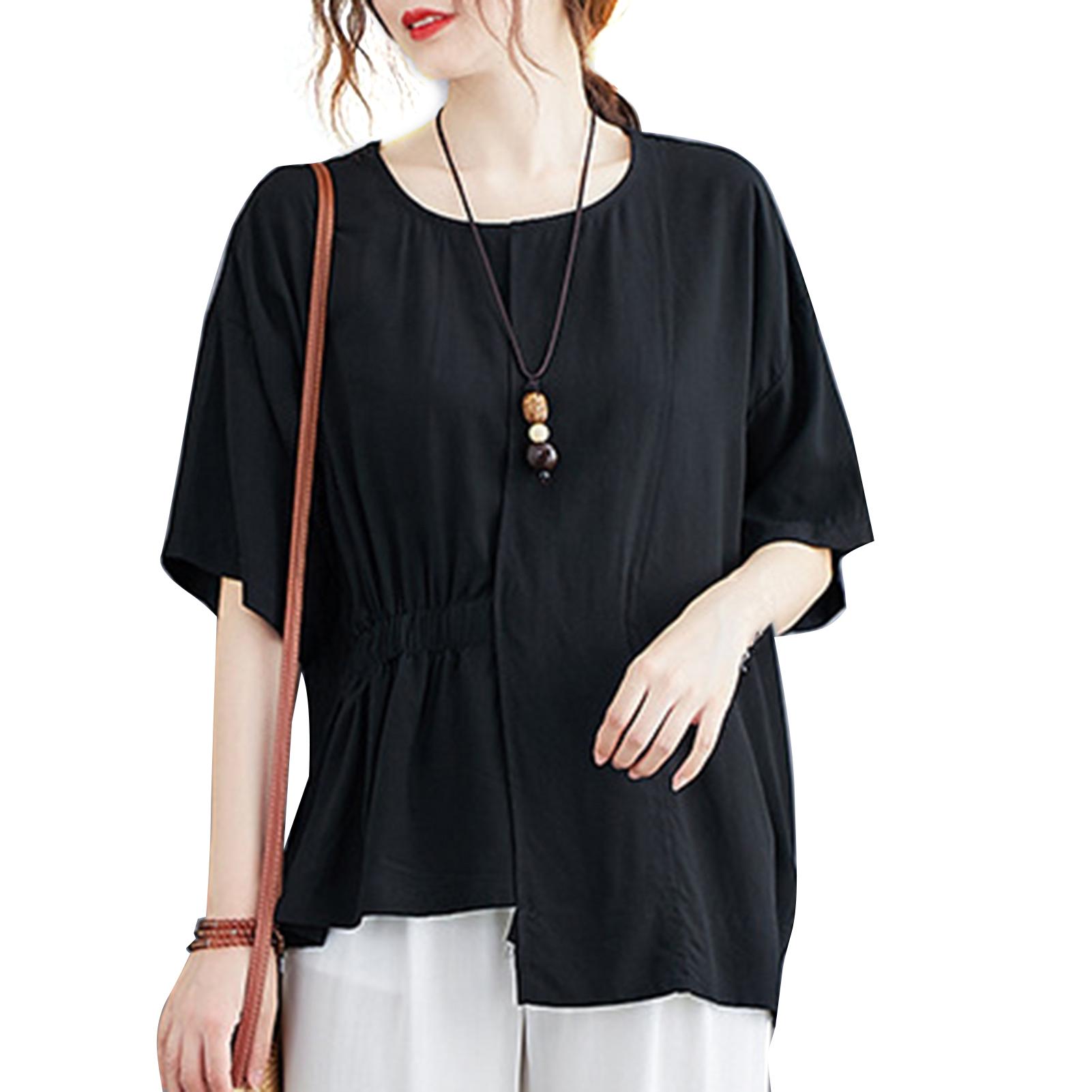 Fashion Women Solid Color Chiffon T-shirt O Neck Short Sleeve Ruched Irregular Hem Loose Casul Shirt Top
