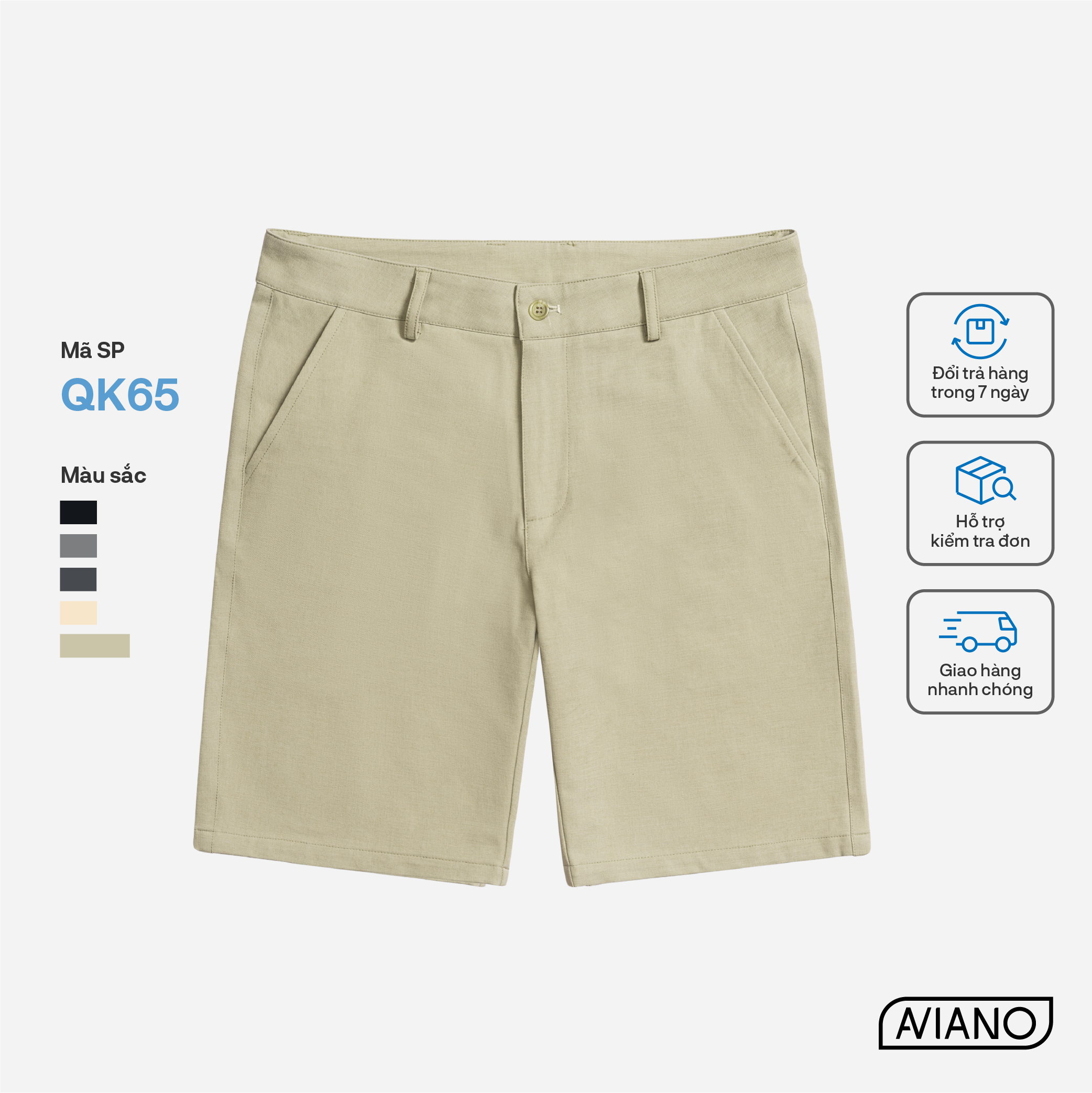 Quần Short Nam AVIANO Vải Kaki, Quần Đùi Nam Cạp Cúc Màu Basic