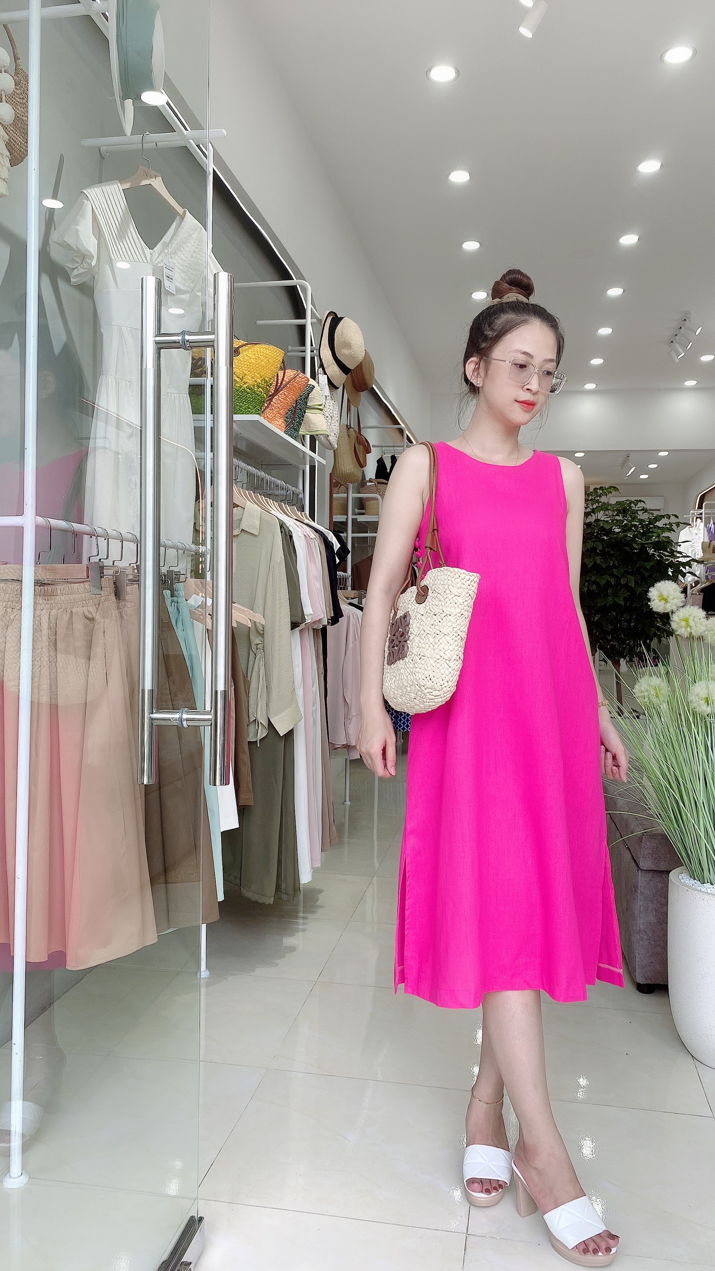 Đầmlinen phom A nút bọc