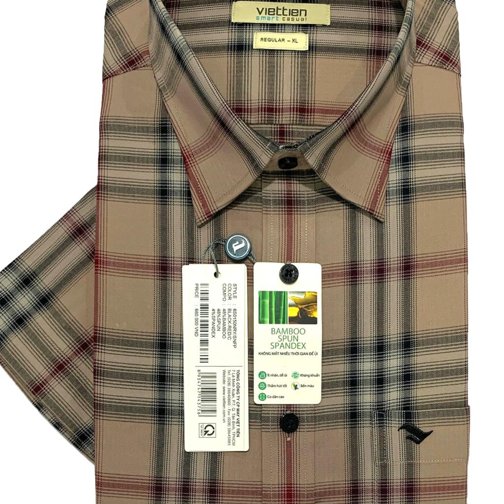 Viettien - Áo sơ mi nam ngắn tay xẻ tà vạt ngang Bamboo spun Regular Ca rô Nâu 6S0150 - Ca rô