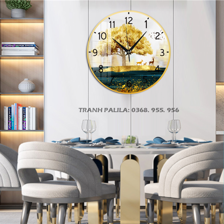 Đồng Hồ Pha Lê Treo Tường Phòng Khách Kèm Pin, Móc Treo - Tranh Hươu Tráng Gương Decor Không Gian Sang Trọng