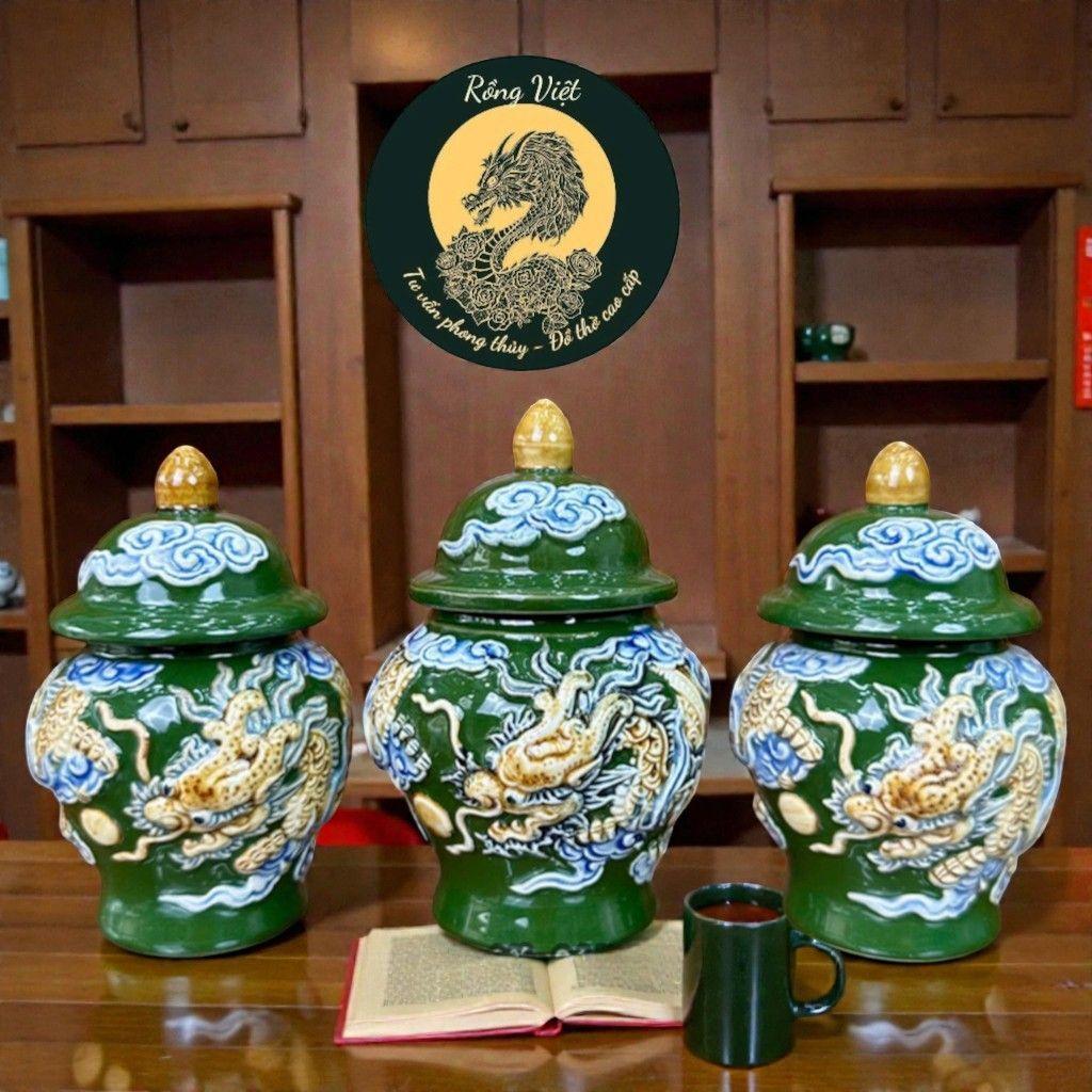 Chóe Thờ Bát Tràng Men Xanh Lá Đắp Nổi RỒNG VIỆT– Đựng Gạo Muối Nước Thờ Gia Tiên, Thần Tài