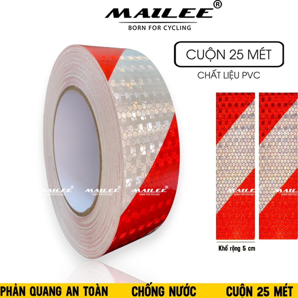 Cuộn Decan Phản Quang Dán Xe Tải Xe Rơ Mooc Mai Lee PQ-25DTS (25m x 5cm) Màu Đỏ Trắng Sọc Chéo, An Toàn Ban Đêm, Chất liệu PVC chống thấm nước