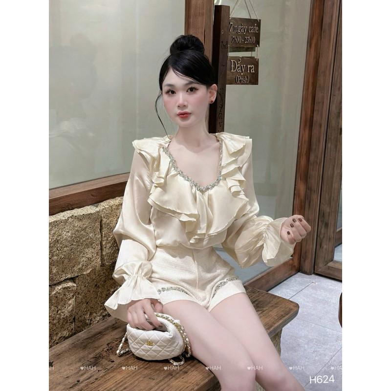 sét bộ viền đá áo lụa quần dạ, cổ bèo sang chảnh  HAH BY JOLIE - Đen