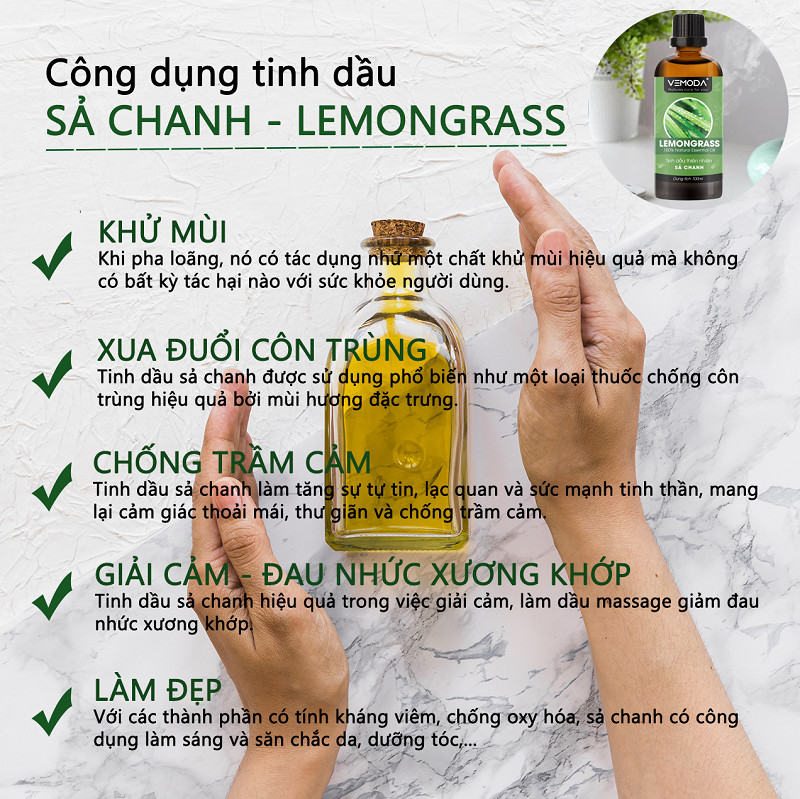 Tinh dầu Sả chanh cao cấp 100ML. Lemongrass Essential Oil. Tinh dầu xông phòng Vemoda giúp thanh lọc không khí, khử mùi, kháng khuẩn, đuổi muỗi, giải cảm, làm đẹp.