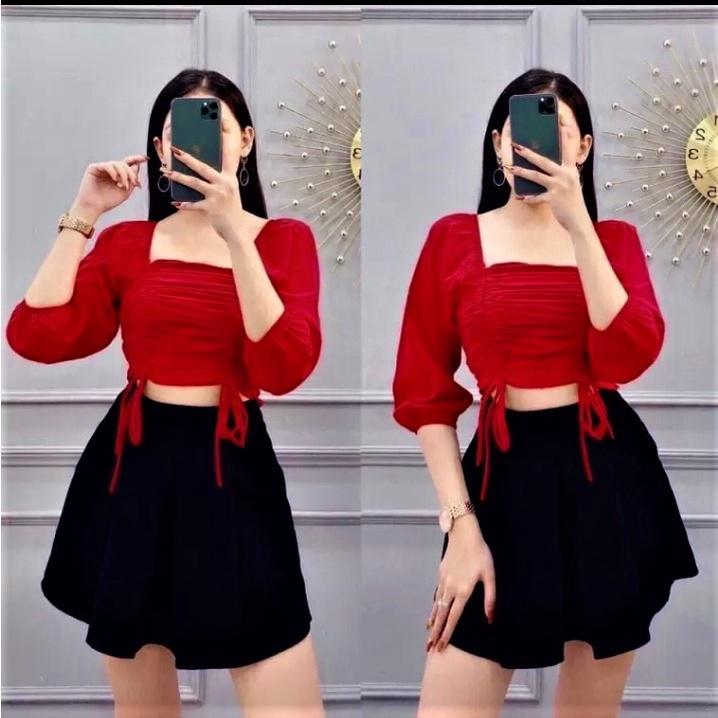 ÁO NỮ CROPTOP LỤA RÚT DÂY TRƯỚC NGỰC TAY DÀI (DƯỚI 50KG MẶC VỪA)