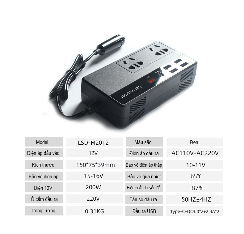 Bộ Chuyển Đổi Nguồn Điện DC 12V Sang AC 110V/220V 150W Hỗ Trợ Cổng Type-C M2012 - Hàng Nhập Khẩu