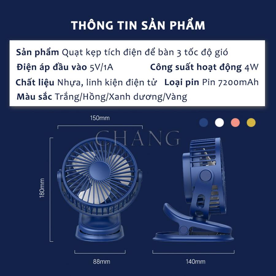 Quạt Mini Kẹp Bàn, Quạt Kẹp Tích Điện Xoay 720 Độ Siêu Tiện Lợi 3 Tốc Độ Gió Bảo Hành 12 tháng