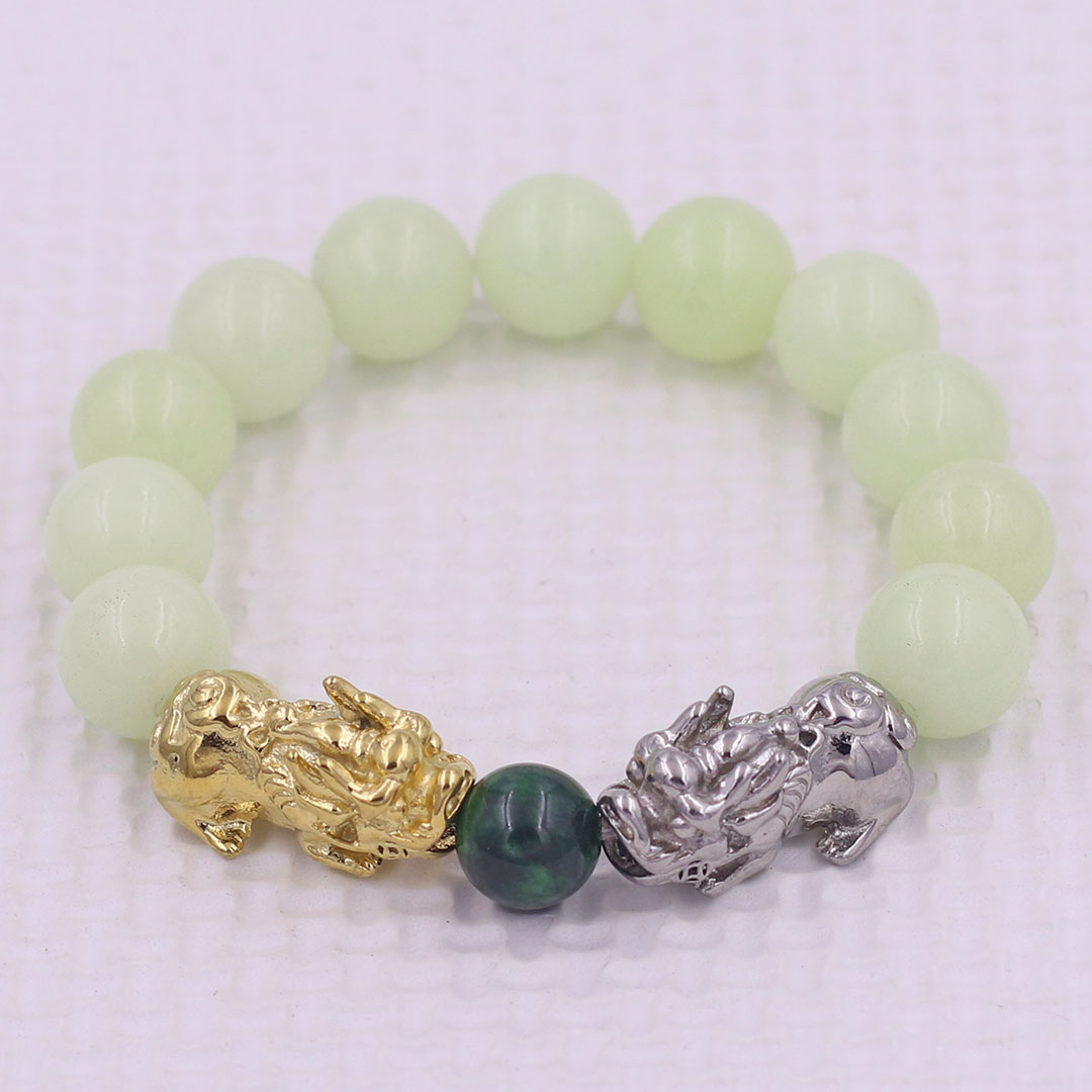 Vòng chuỗi đeo tay đá dạ quang 12 ly charm tỳ hưu đôi inox trắng và vàng, vòng chuỗi phong thủy, charm tỳ hưu, vòng tay hạt chuỗi