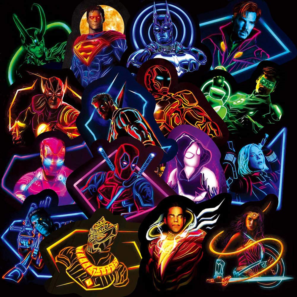 Set 60 Sticker siêu anh hùng Màu neon ảnh decal hình dán ép lụa