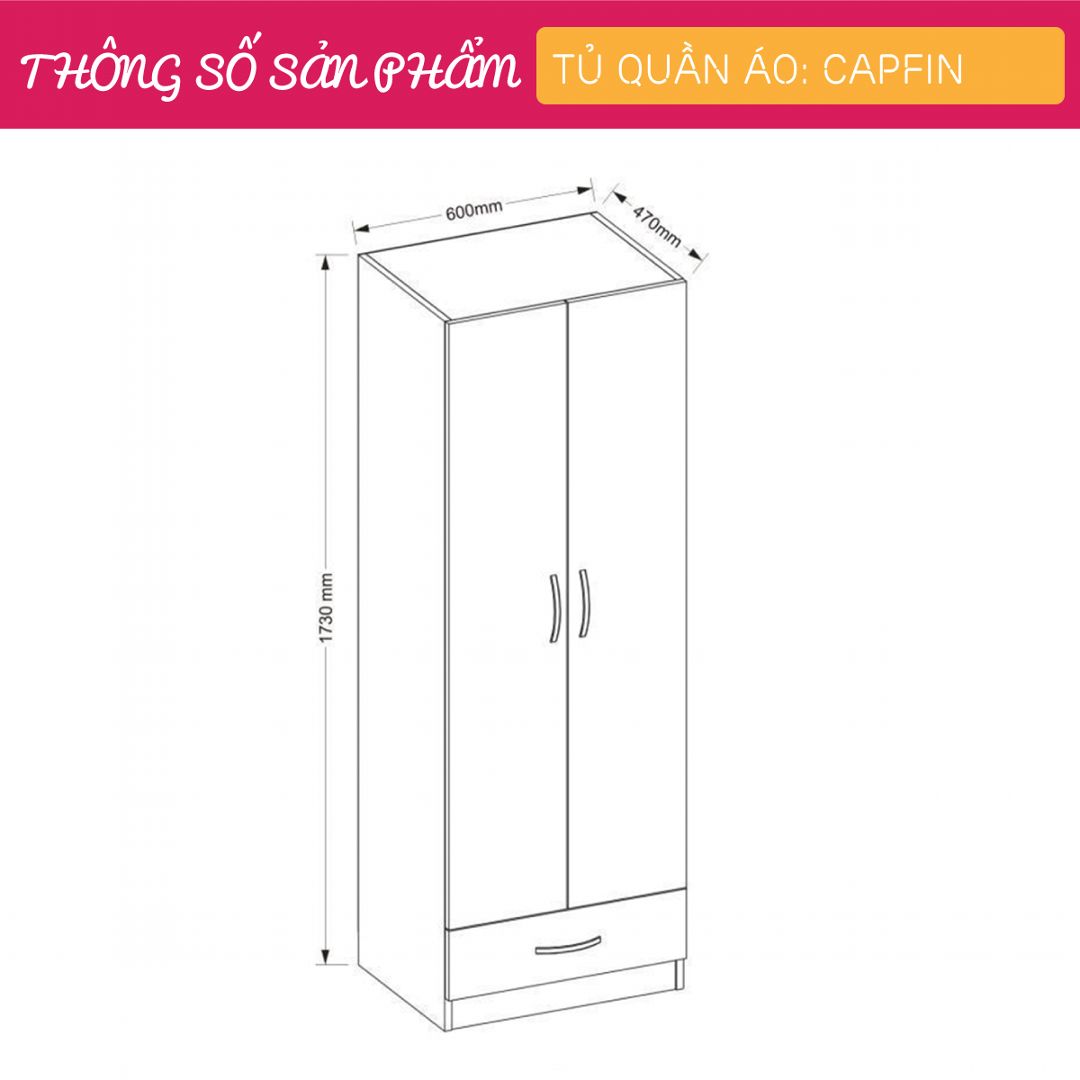 Tủ quần áo gỗ 2 cánh hiện đại SMLIFE Capfin