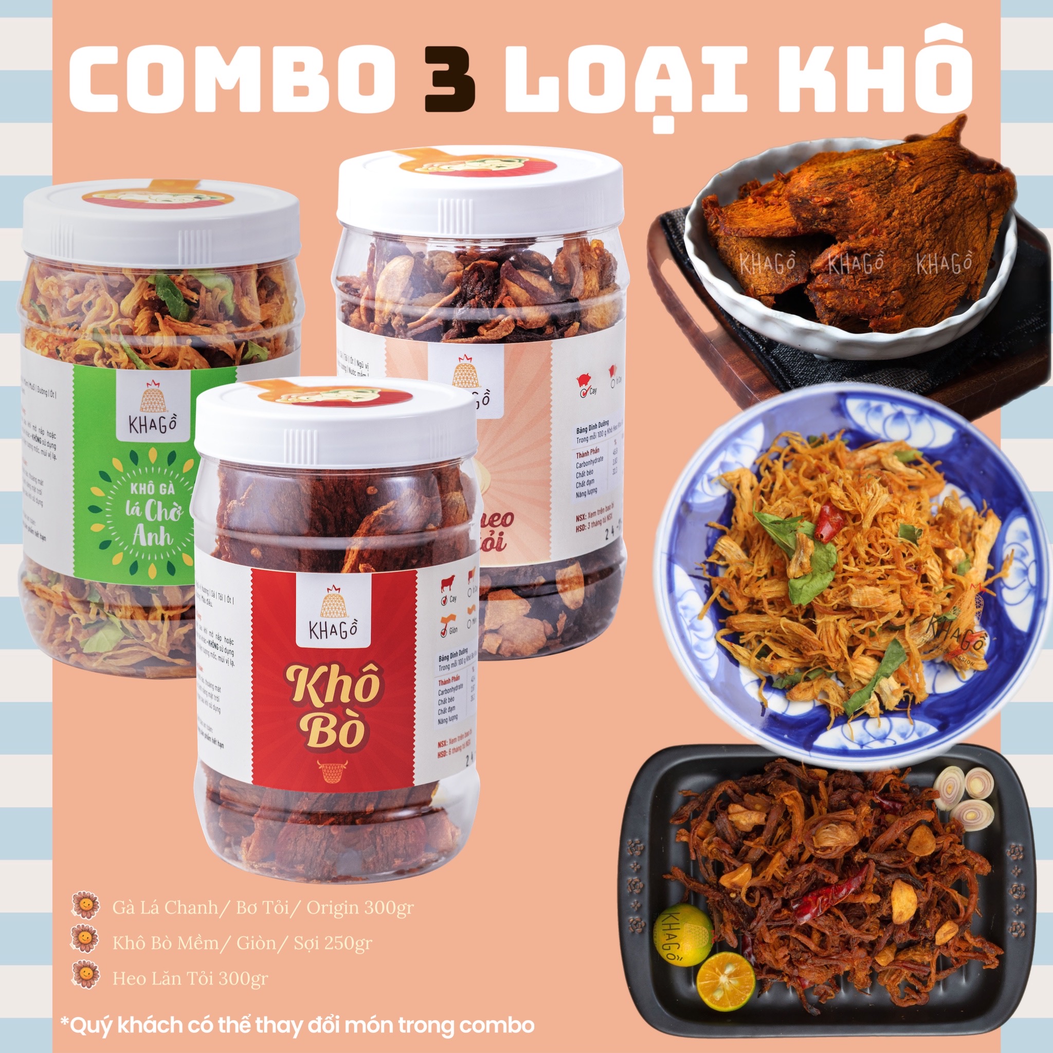 [GIÁ TIẾT KIỆM] Combo 3 Món Khô | Heo + Bò + Gà | Kha Gồ | ăn vặt văn phòng, du lịch, đặc sản Sài Gòn