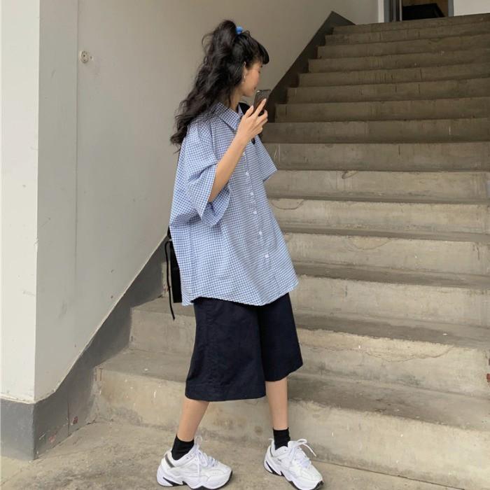 Áo sơ mi nữ cộc tay cổ bẻ kẻ sọc caro xanh form rộng style học sinh cá tính Hàn Quốc