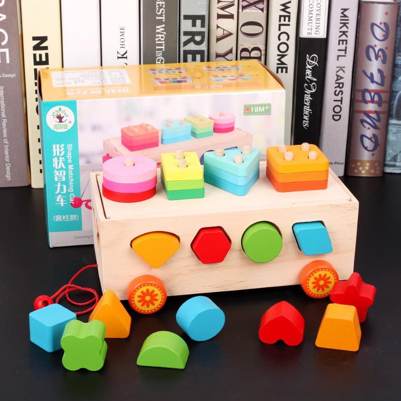 Xe Kéo Thả Hình Khối Đồ Chơi Gỗ Montessori ,Màu Sắc Đẹp,Luyện Kỹ Năng Tay và Học Màu Sắc,Hình Khối