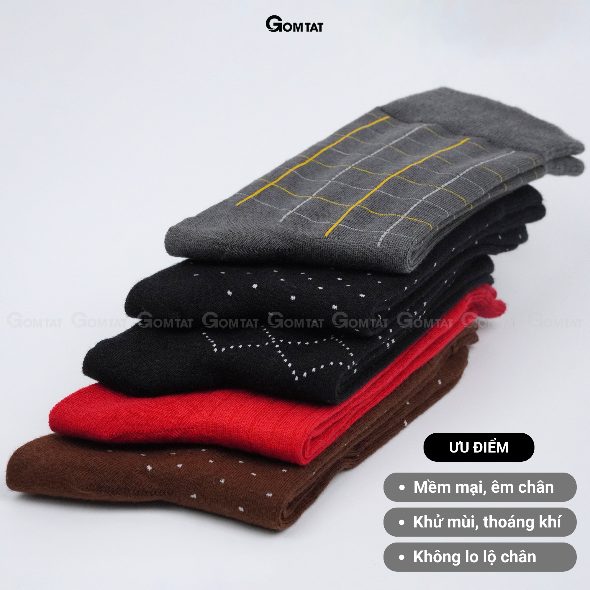 Hộp 5 đôi tất vớ nam đi giày tây công sở cổ cao GOMTAT mẫu MIX03, chất liệu cotton cao cấp thoáng khí - GOM-MIX03-CB5