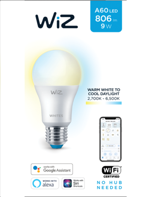 Bóng đèn WiZ thay đổi nhiệt độ màu Wi-Fi TunableWhite/9W A60 927-65