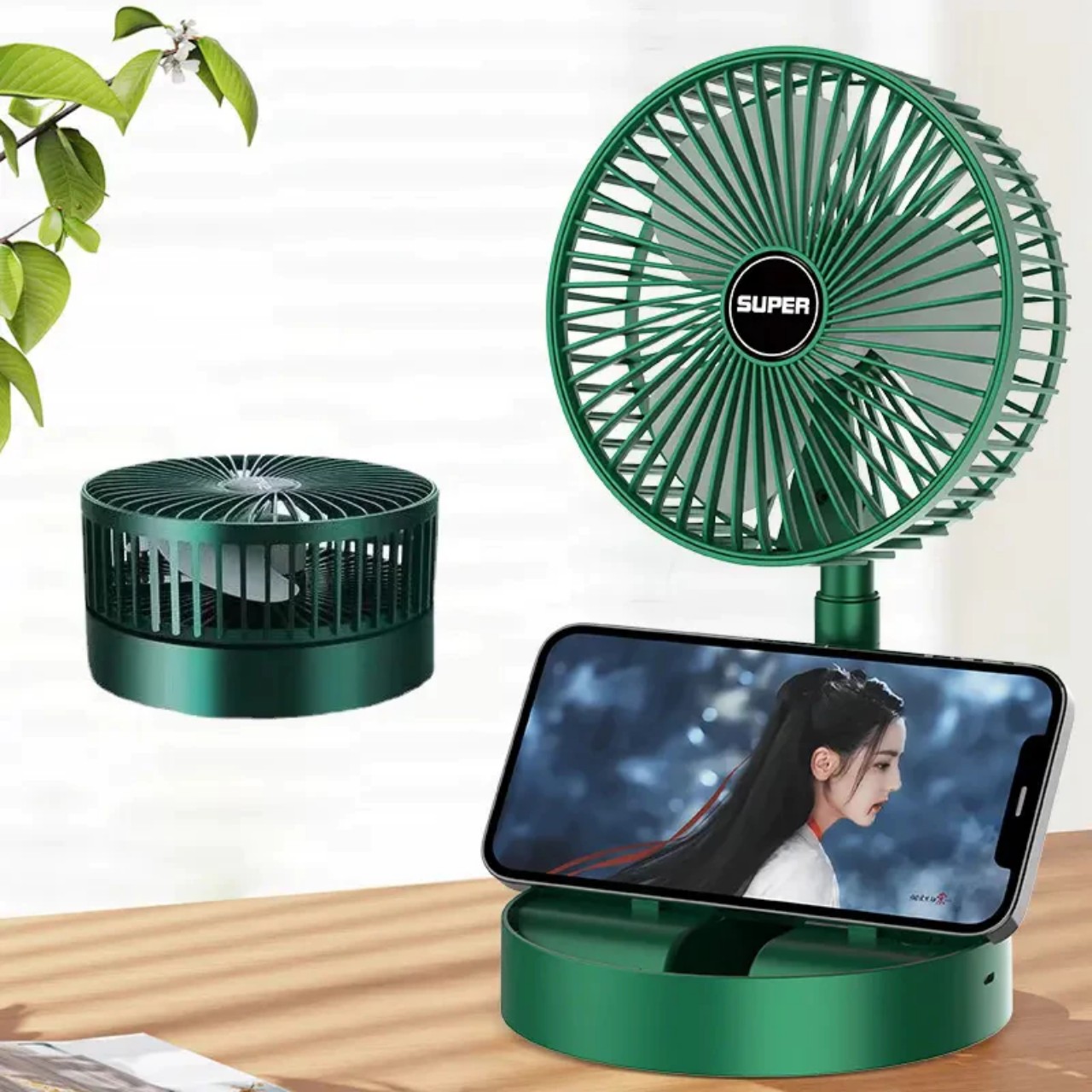 Quạjt Tích Điện Để Bàn Mijni Gấp Gọn: 3 Tốc Độ, Xoay 360 Độ, Pin Dung Lượng Lớn, ĐÈN TRANG TRÍ