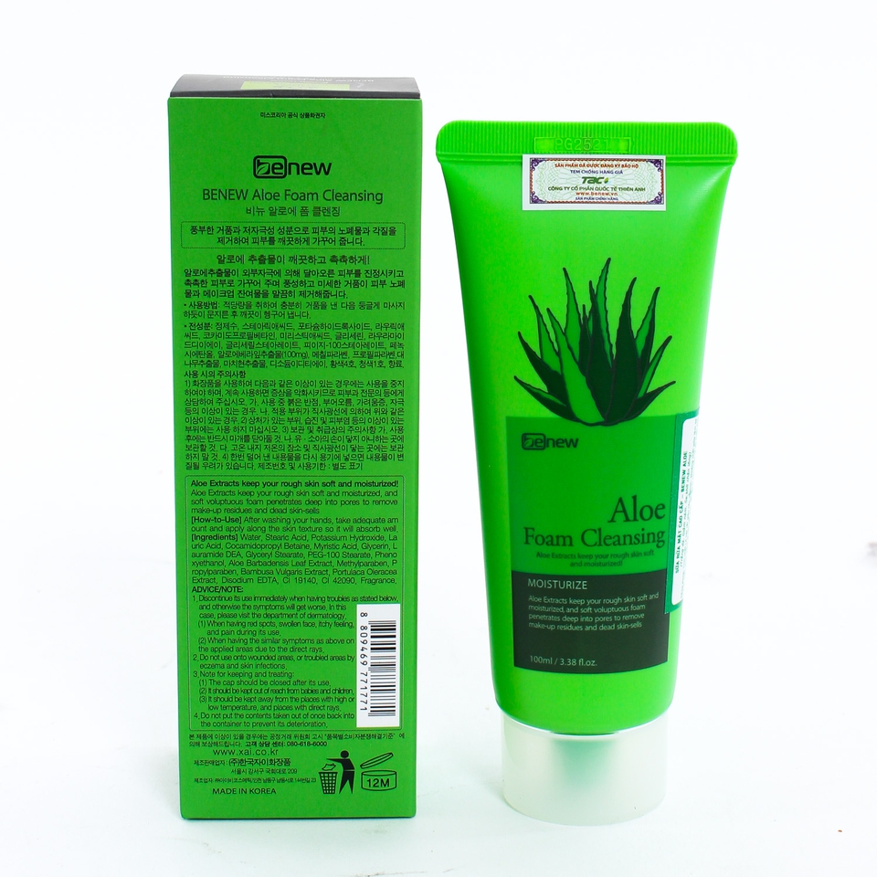 Sữa rửa mặt trắng sáng da cao cấp Hàn Quốc Benew Aloe Foam Cleansing tinh chất Lô Hội (100ml) – Hàng Chính Hãng