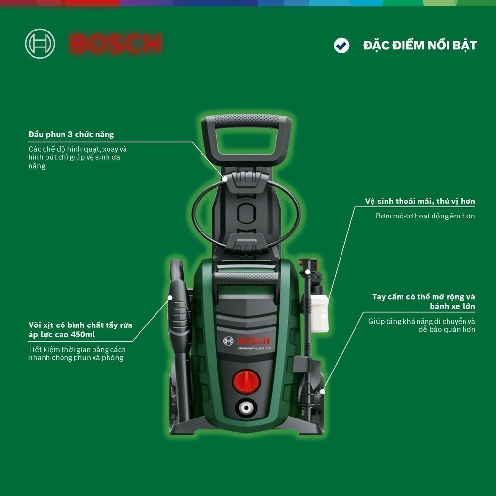 Máy phun xịt rửa Bosch Universal Aquatak 125 kèm Phụ kiện chà rửa sân Aquasurf 250 và Ống nước nối dài Bosch 6m