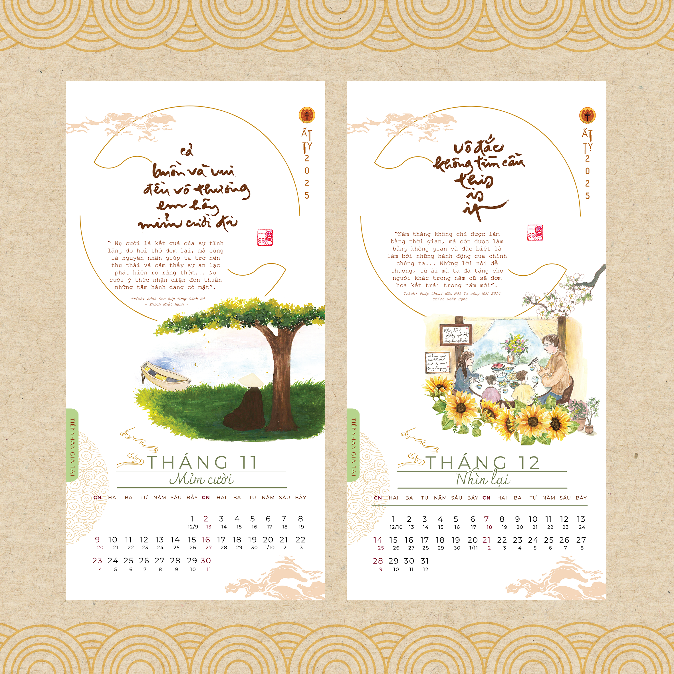 Lịch Treo Tường Thư Pháp Làng Mai 2025 - Ý Thức Em Mặt Trời Tỏ Rạng