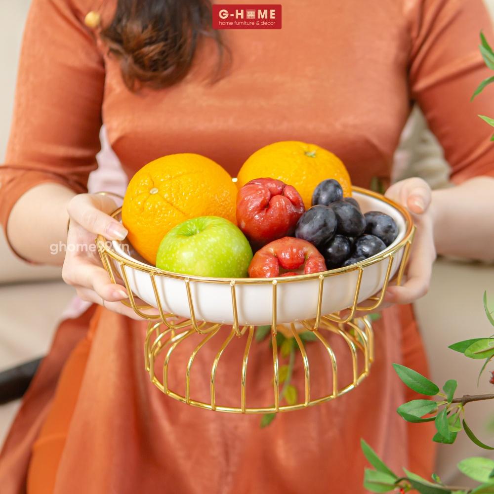 Đĩa sứ 1 tầng khung đồng Ghome 2022, đĩa sứ tròn cao cấp trạng trọng bày hoa quả, bánh kẹo ngày tết DIA2022 TRON1