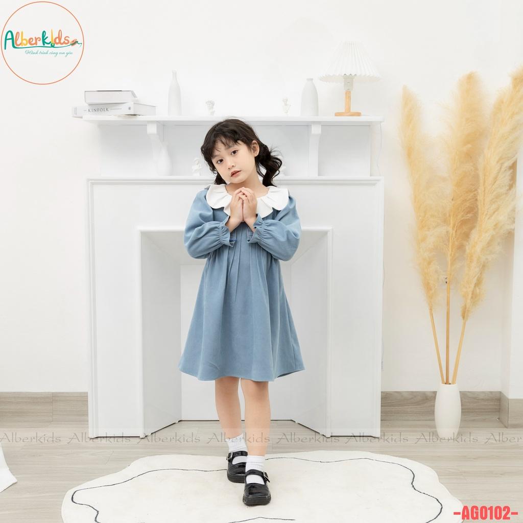 Váy bé gái ALBER KIDS tay dài xanh phối cổ trắng xinh đẹp cho trẻ em 2,3,4,5,6,7,8,9,10,11,12 tuổi AG0102