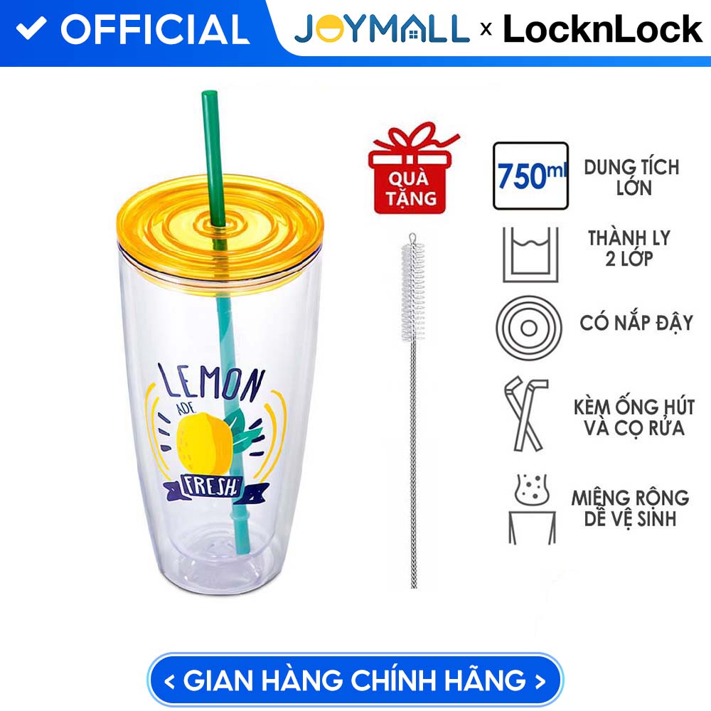 Ly Nhựa 2 Lớp Lock&Amp;Lock Hap507 750Ml - Hàng Chính Hãng, Có Ống Hút, Có Nắp Đậy - Tặng Kèm Cọ Rửa - Vàng