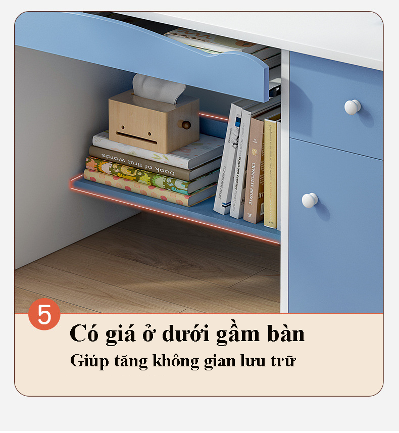 Bàn học sinh kích thước nhỏ màu sắc tươi sáng gỗ mdf cao cấp, bàn máy tính làm việc liền kệ sách trên bàn tiện lợi