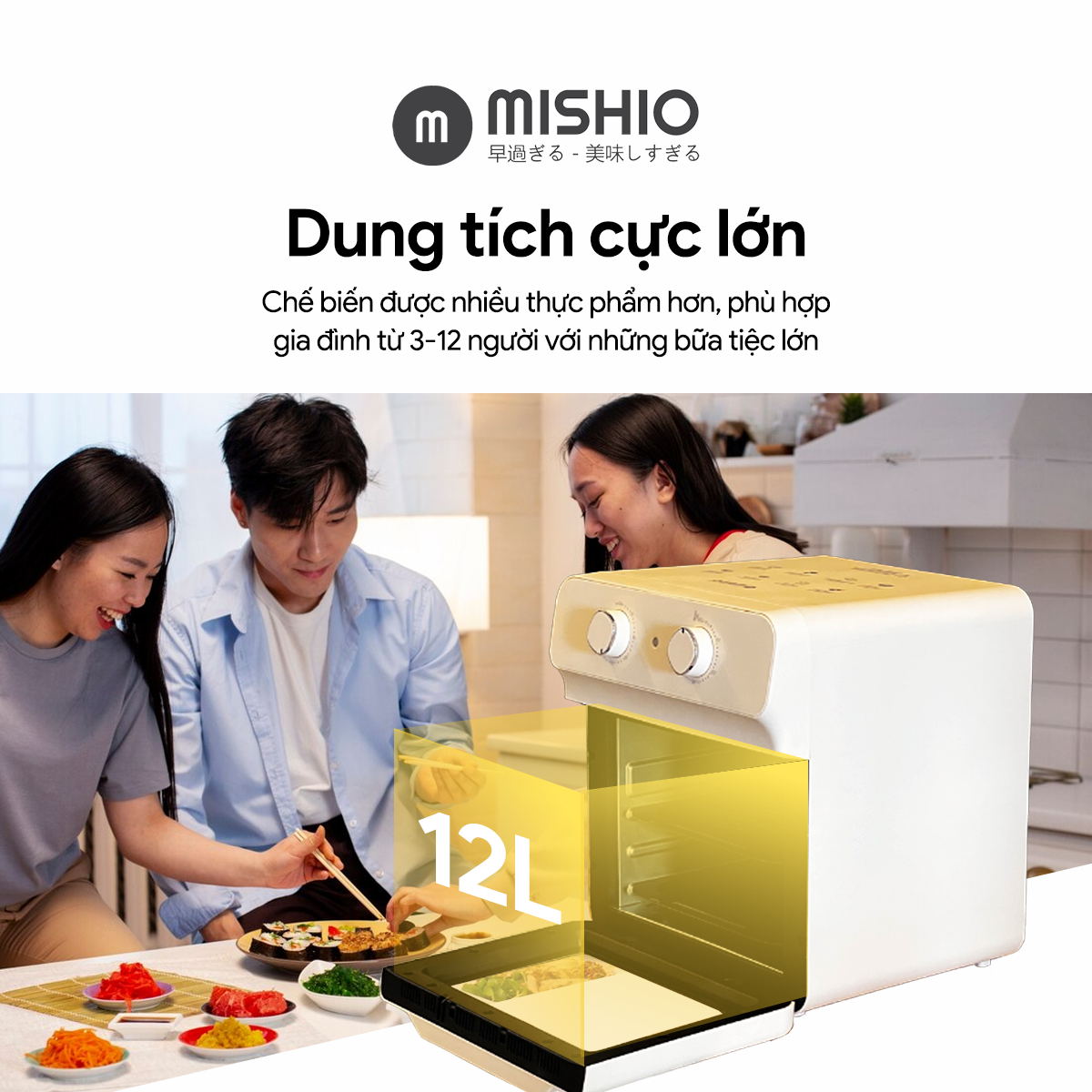 Nồi Chiên Không Dầu Khổng Lồ 12 Lít Mishio MK393 1700W - Hàng chính hãng