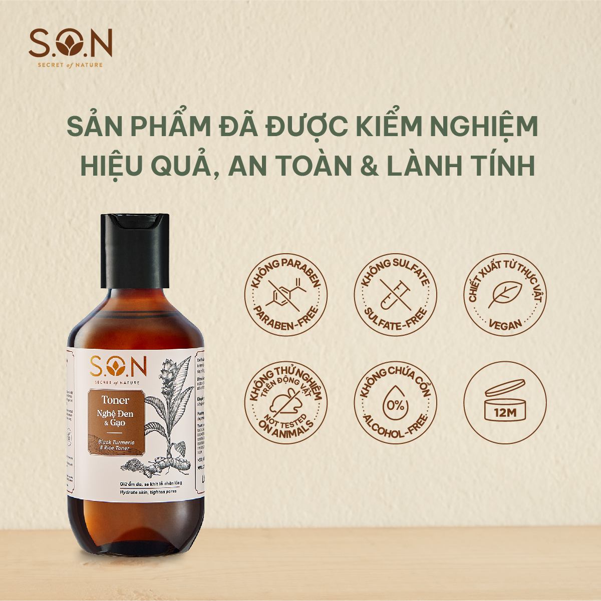 Toner nghệ đen &amp; gạo S.O.N dưỡng ẩm, se khít lỗ chân lông 100ml