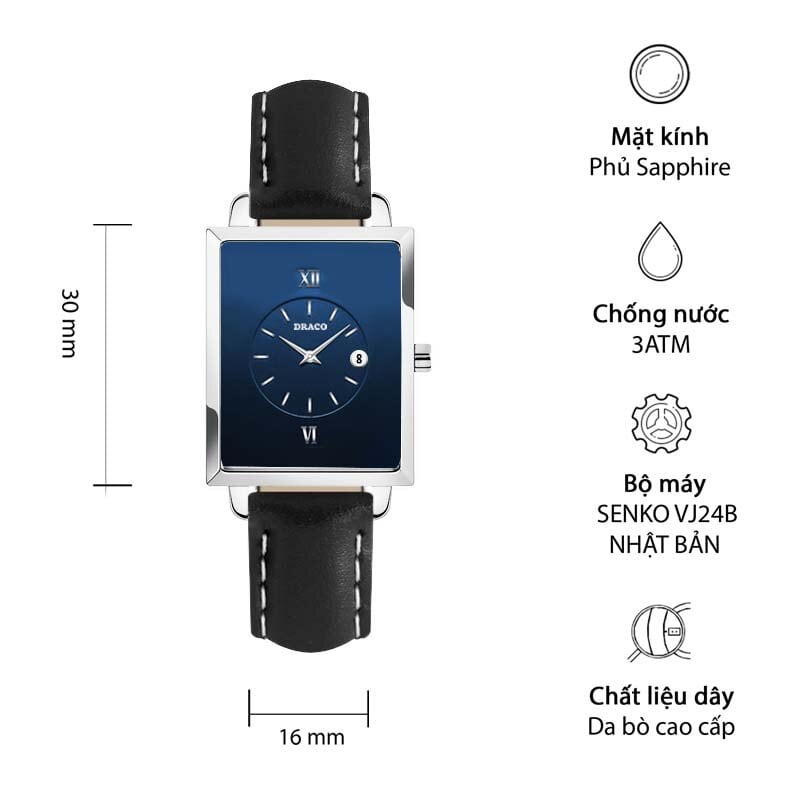 Đồng hồ nữ Draco D23-EL05 "Elegant" trắng kết hợp chất liệu dây da bò màu đen-phụ kiện thời trang nữ nhẹ nhàng tinh tế