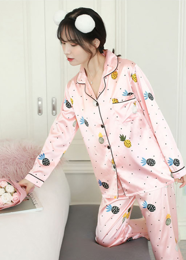 Bộ đồ ngủ Pijama tay dài quần dài phi bóng hoạ tiết trái thơm dễ thương CDANP11 hồng cam