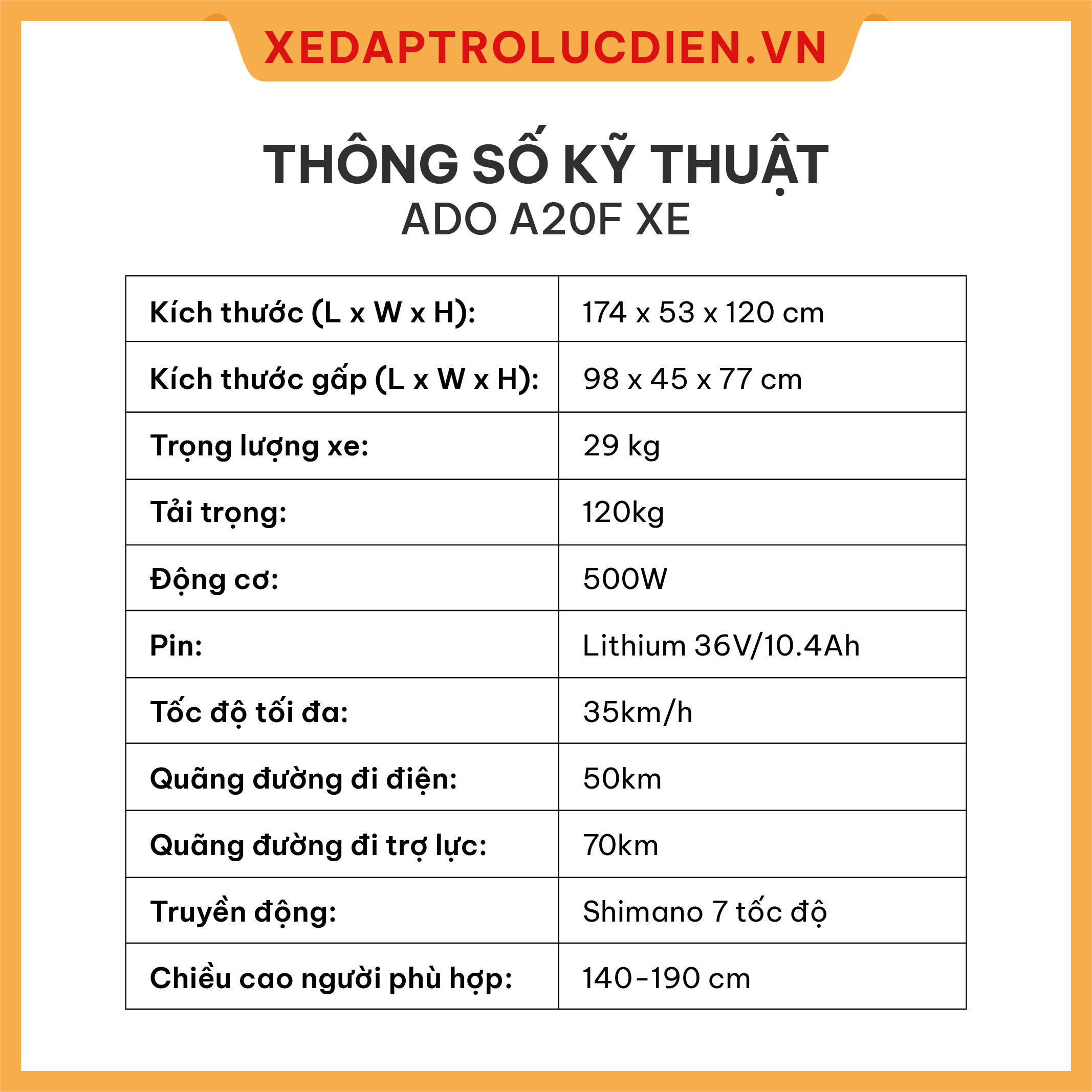 Xe Đạp Trợ Lực Điện ADO A20F XE - Phiên Bản Nâng Cấp - Có Thể Gấp Gọn - Tốc Độ Tối Đa 35km/h - Xe Đạp Bánh Béo