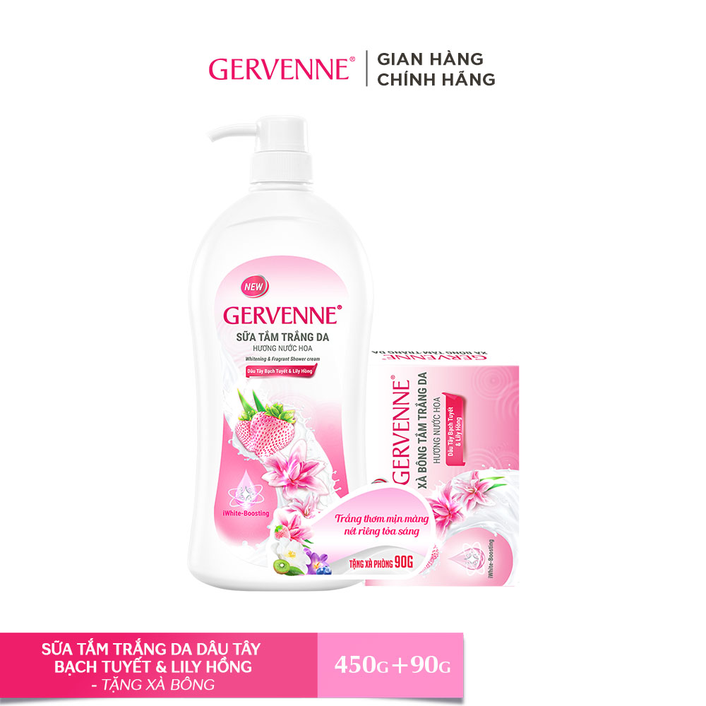 [ Mua 1 Tặng 1] Sữa tắm trắng da Gervenne hương Dâu Tây Bạch Tuyết và Lily Hồng 450g + Tặng Xà bông tắm trắng 90g