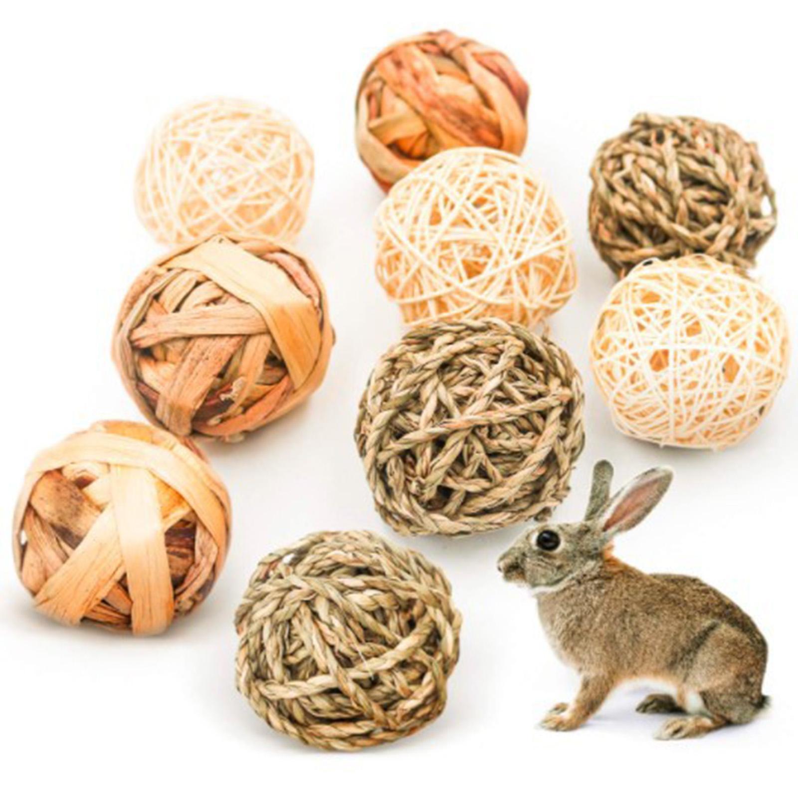 9Pcs Natural Material Rabbit Chew Toys Bunny Treat Ball Teething Chewable Interactive Toys Parrot Toys for Guinea Pigs Hamster Kitten Indoor