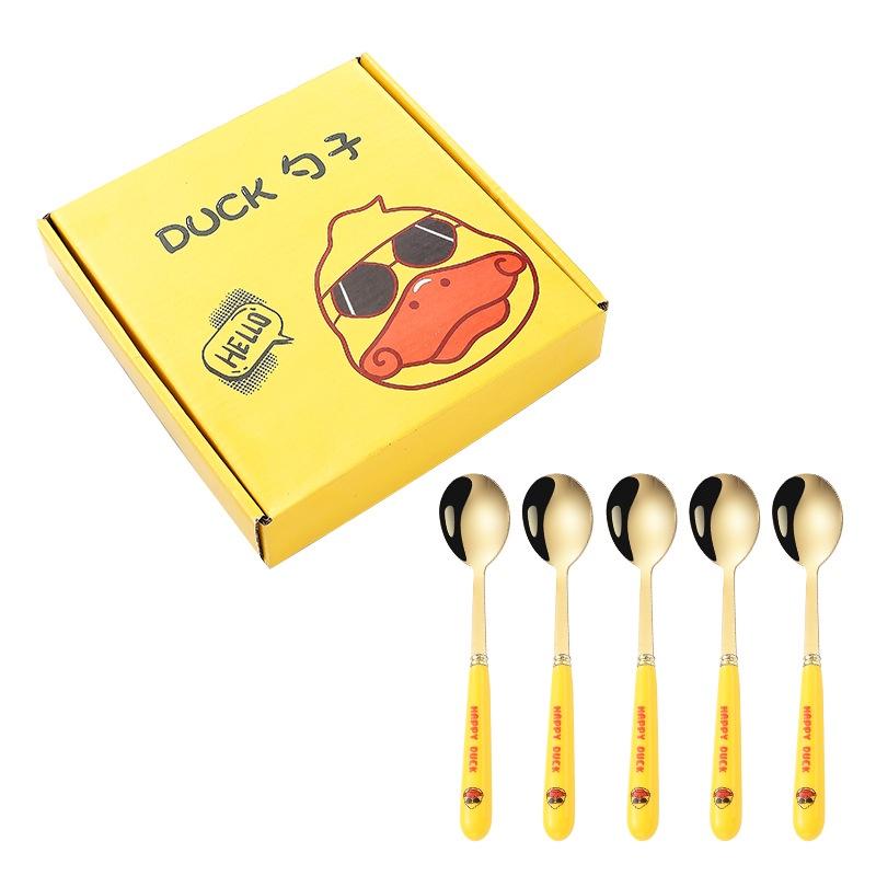 SET 6 MUỖNG THÌA INOX VỊT VÀNG DUCK CÁN DÀI DỄ THƯƠNG KÈM HỘP ĐỰNG XINH XẮN