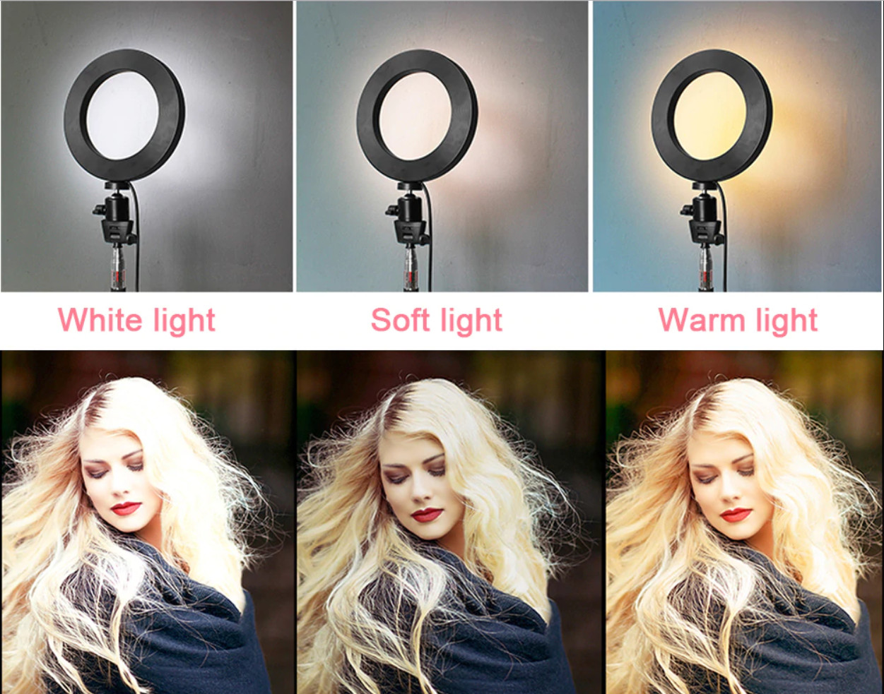 Combo Vòng Đèn Led 3 Chế Độ Sáng Ring Fill Lighting Live Streaming 26cm + Chân Tripod 2m + Đầu kẹp điện thoại